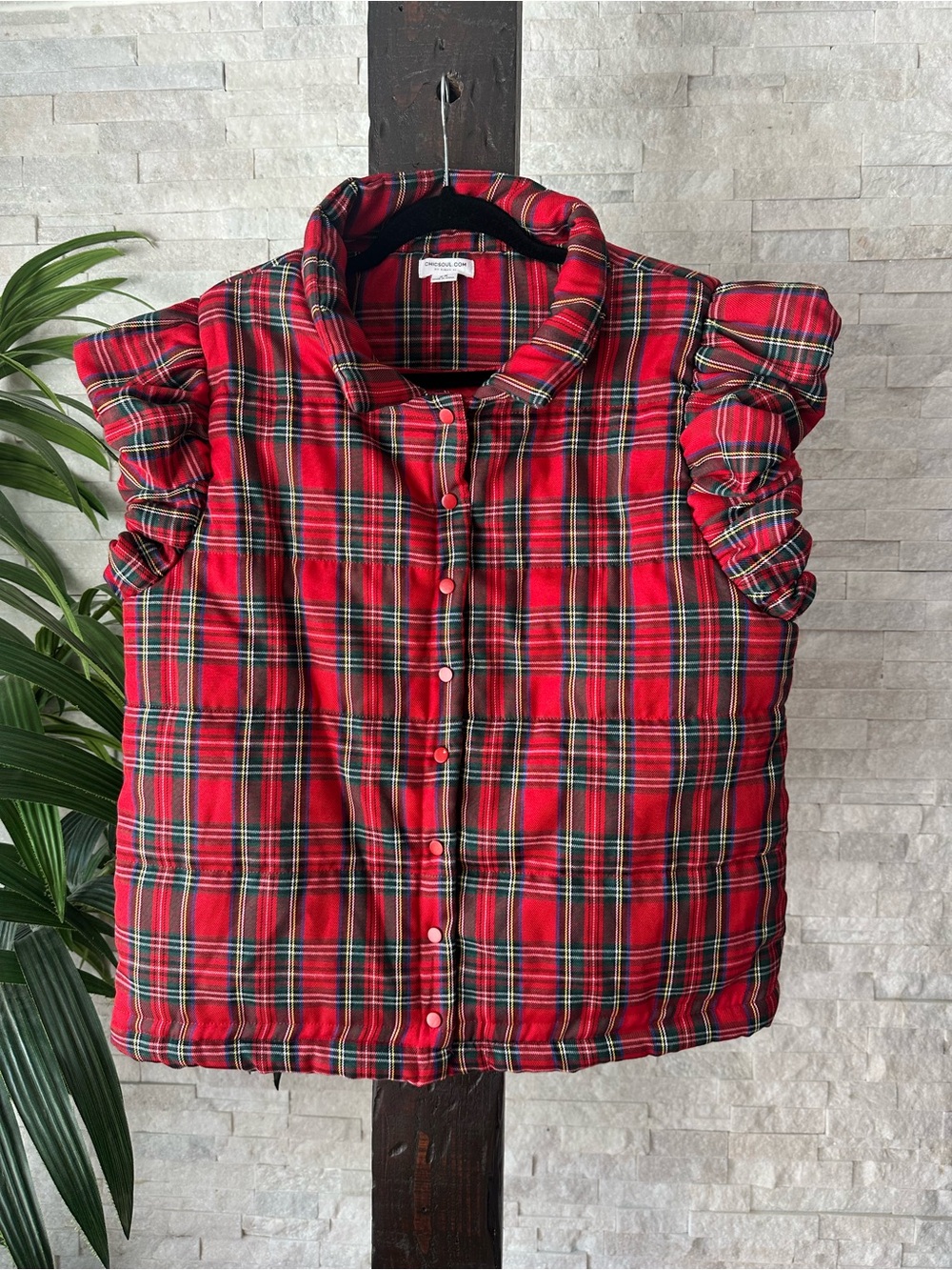 Chic Soul Holiday Tarten Plaid “Wishing You Happiness” Ruffle Vest Top Size 2X